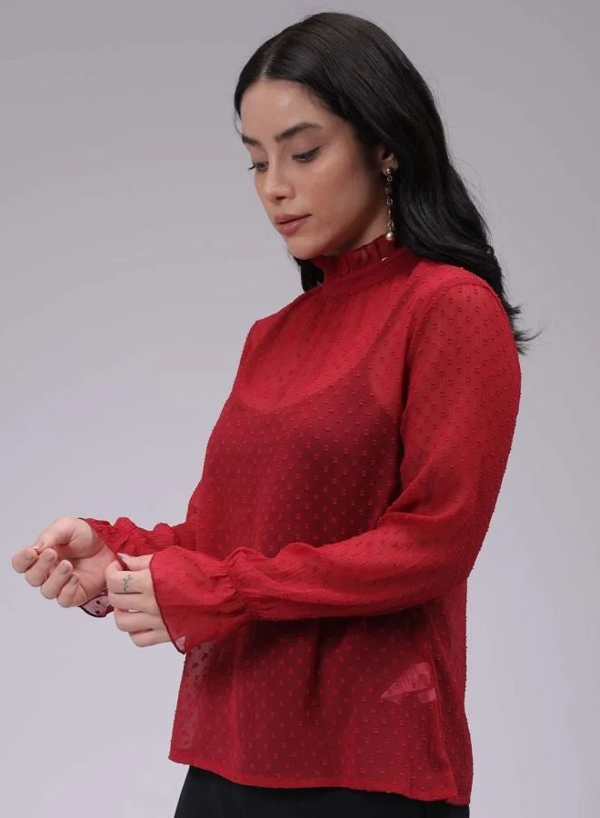 Freehand  Women Relaxed Fit Textured High Neck Long Sleeve Regular Top for Women | Best Price UAE