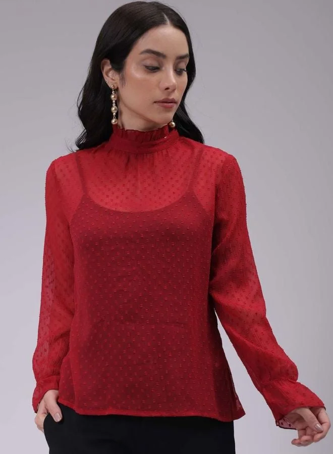 Freehand  Women Relaxed Fit Textured High Neck Long Sleeve Regular Top for Women | Best Price UAE