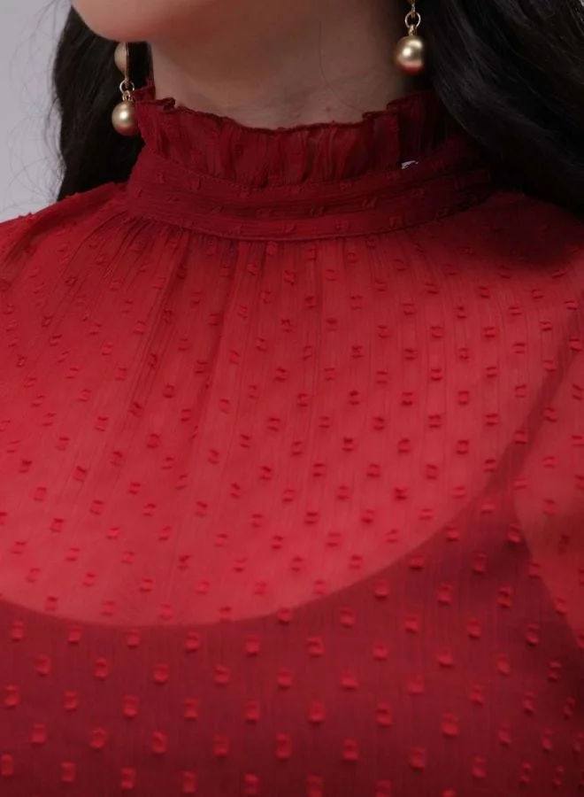 Freehand Women Relaxed Fit Textured High Neck Long Sleeve Regular Top