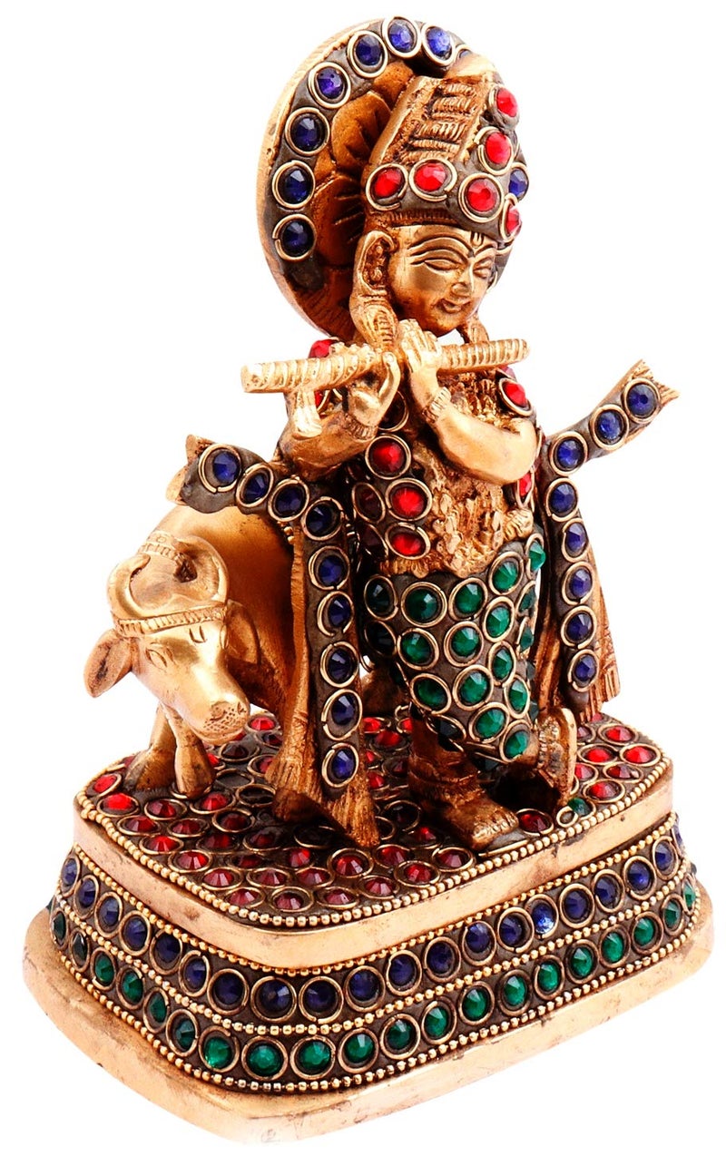 Purpledip Brass Statue Lord Krishna & Cow: Rare Idol with Glittering Semi-Precious Stones | Hindu Religious Gift (11450) - Image 3