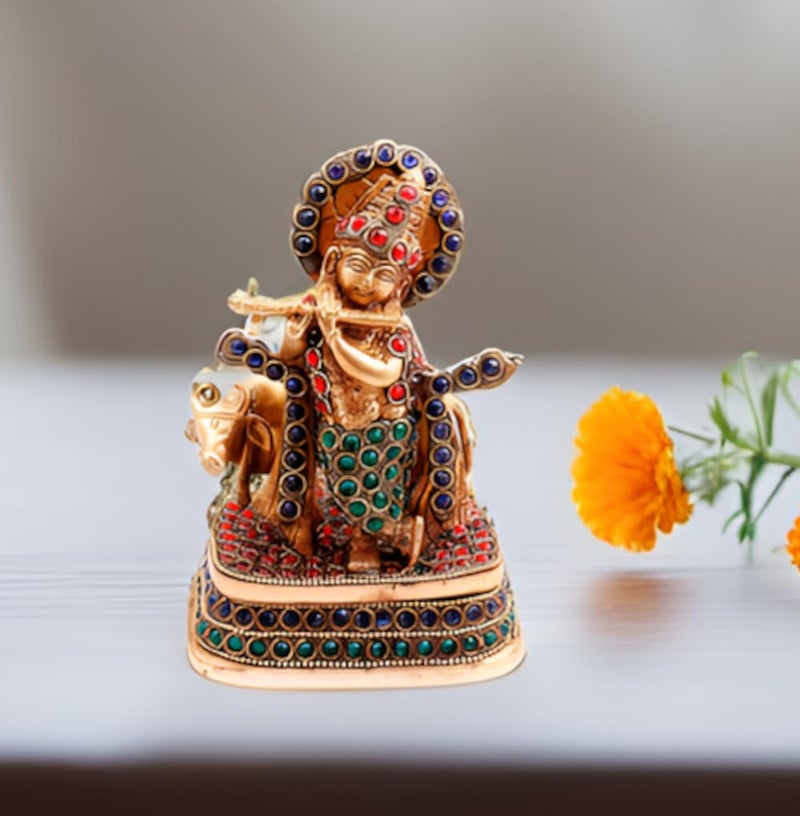 Purpledip Brass Statue Lord Krishna & Cow: Rare Idol with Glittering Semi-Precious Stones | Hindu Religious Gift (11450) - Image 1