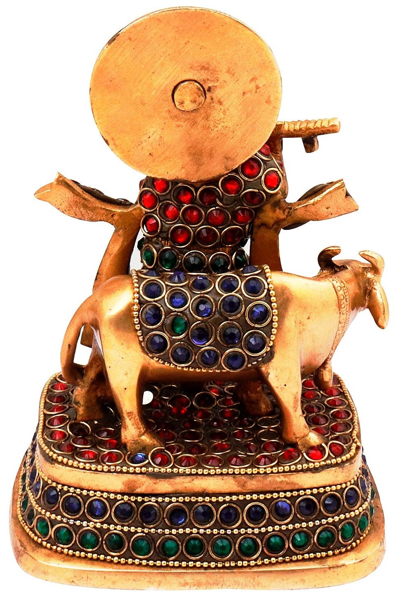 Purpledip Brass Statue Lord Krishna & Cow: Rare Idol with Glittering Semi-Precious Stones | Hindu Religious Gift (11450) - Image 4