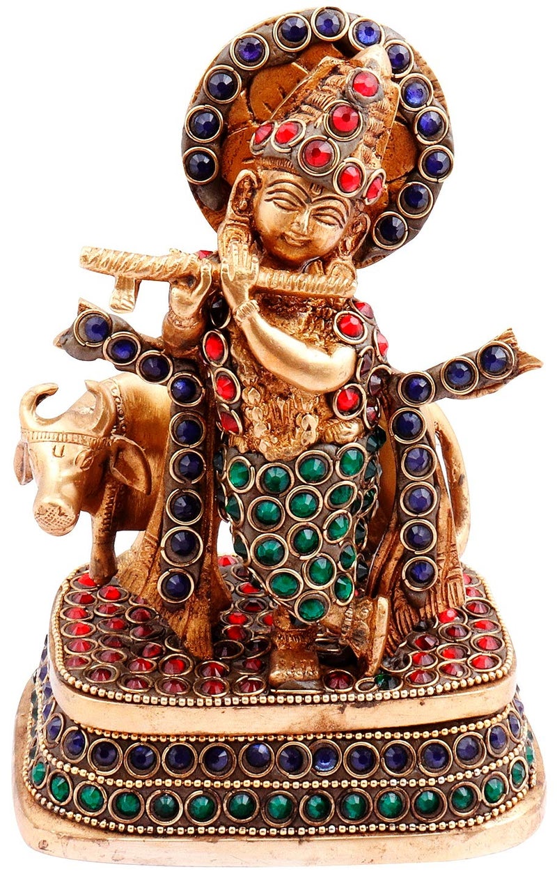 Purpledip Brass Statue Lord Krishna & Cow: Rare Idol with Glittering Semi-Precious Stones | Hindu Religious Gift (11450) - Image 2