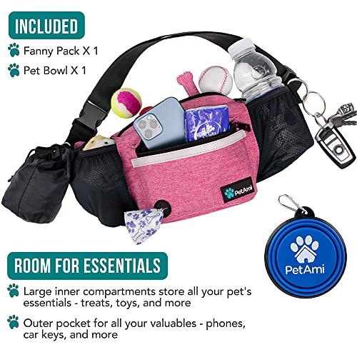 PetAmi Dog Fanny Pack, Treat Pouch for Dog Walking, Training, Built in Poop Bag Dispenser, Water Bottle Holder, Collapsible Bowl, Pet Treat Waist Belt for Hiking, Running, Kibbles (Pink) - Image 2