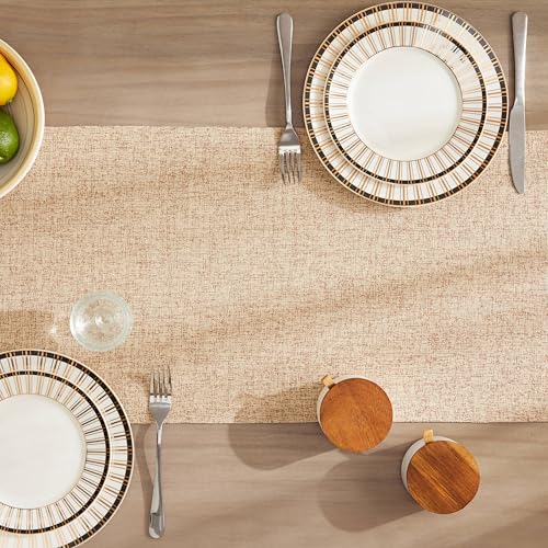 ZeeMart Burlap Style Farmhouse Table Runners 108 Inches Long, Beige Rustic Woven Dining Table Runner for Everyday Use, 14x108 Inches, Oatmeal Beige - Image 4
