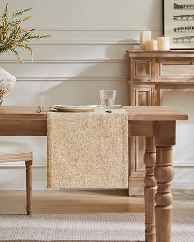 ZeeMart Burlap Style Farmhouse Table Runners 108 Inches Long, Beige Rustic Woven Dining Table Runner for Everyday Use, 14x108 Inches, Oatmeal Beige - Image 2