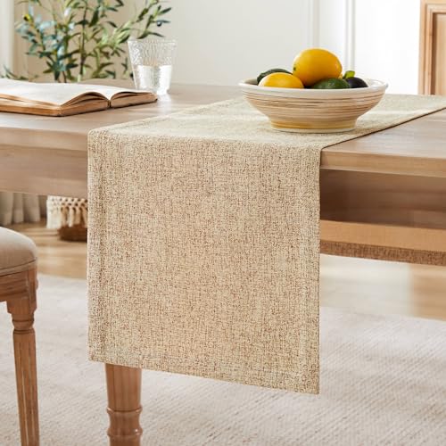 ZeeMart Burlap Style Farmhouse Table Runners 108 Inches Long, Beige Rustic Woven Dining Table Runner for Everyday Use, 14x108 Inches, Oatmeal Beige - Image 1