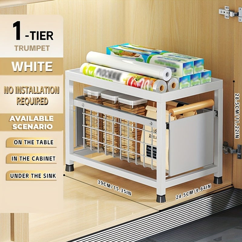 1pc 1/2 Layer Pull-Out Storage Rack Household Storage Pull Basket Multifunctional Storage Rack Suitable for Kitchen Can Be Placed Seasoning, Snack Storage Rack Carbon Steel Paint Black/White/Gray - Image 1