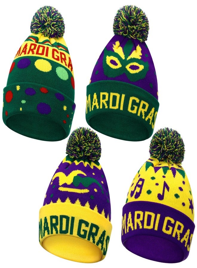 Silicherry 4 Pcs Mardi Gras Hats for Men Women Mardi Gras Beanie Knitted Hat with Green Purple Yellow Knit Cap for Carnival Parade Costumes Party Accessories Outfit Costume Decorations - Image 1