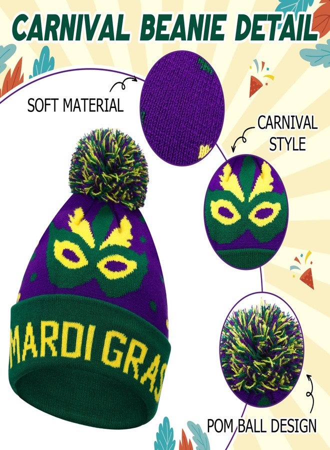 Silicherry 4 Pcs Mardi Gras Hats for Men Women Mardi Gras Beanie Knitted Hat with Green Purple Yellow Knit Cap for Carnival Parade Costumes Party Accessories Outfit Costume Decorations - Image 2