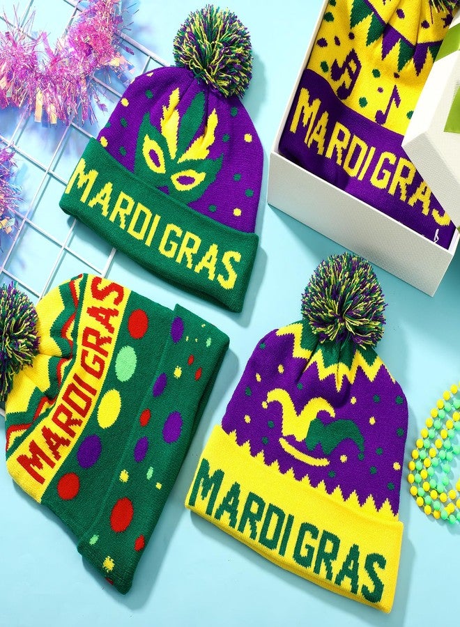 Silicherry 4 Pcs Mardi Gras Hats for Men Women Mardi Gras Beanie Knitted Hat with Green Purple Yellow Knit Cap for Carnival Parade Costumes Party Accessories Outfit Costume Decorations - Image 4