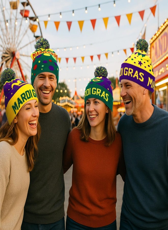 Silicherry 4 Pcs Mardi Gras Hats for Men Women Mardi Gras Beanie Knitted Hat with Green Purple Yellow Knit Cap for Carnival Parade Costumes Party Accessories Outfit Costume Decorations - Image 5