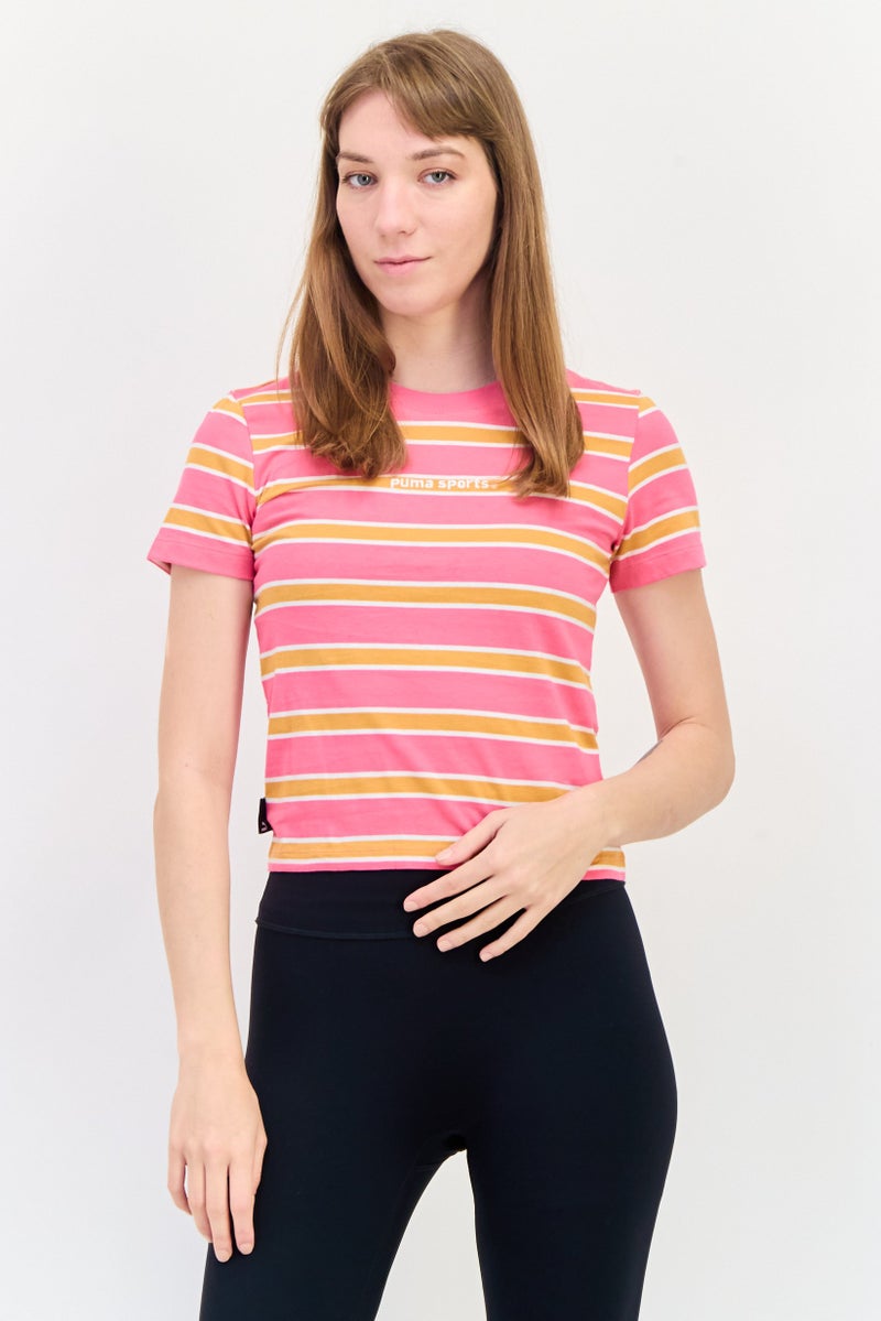 PUMA بلوزة نسائية ضيقة الأكمام القصيرة للخارج، وردية - Image 1