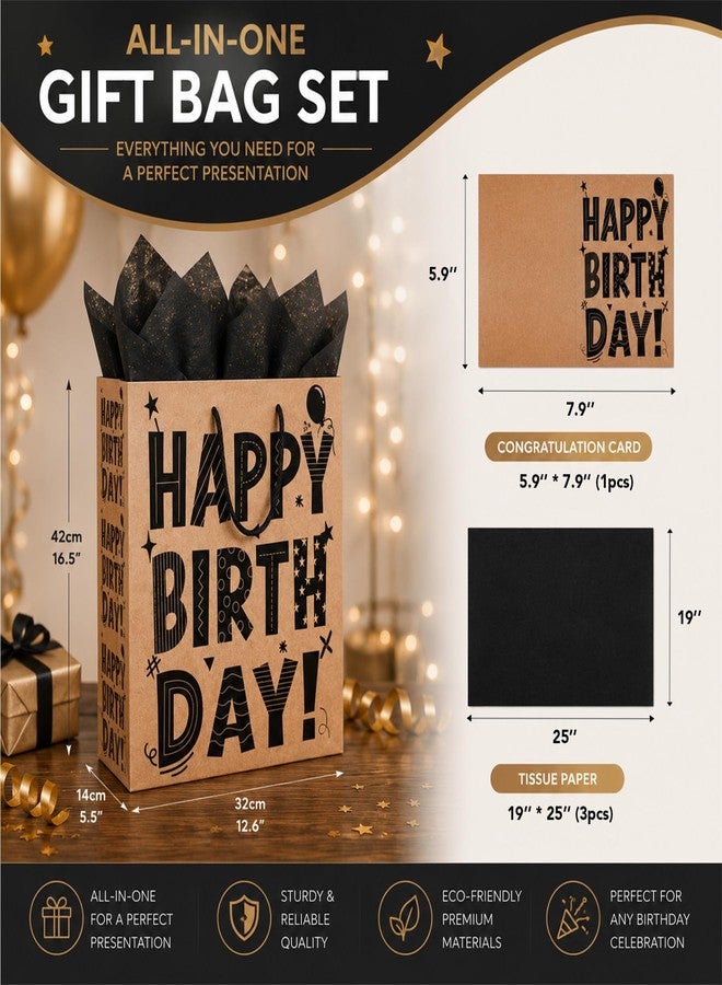 RVEAFA Large Birthday Gift Bag, Kraft Paper Gift Bag with Card & Tissue Paper, Happy Birthday Design, Premium Gift Bags with Handles for Men Women, Large Gift Bag Set - Image 2