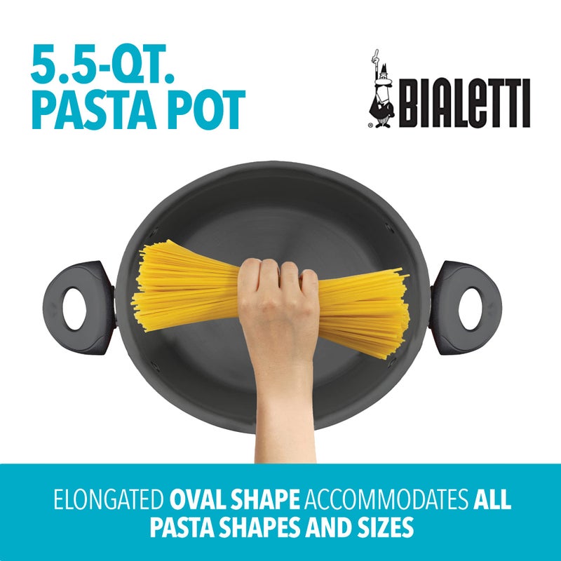Bialetti 5.5-Quart Nonstick Aluminum Pasta Pot with Strainer Lid and Handles, PFOA-Free Nonstick Oval Cooking Pot and Lid, Black - Image 2
