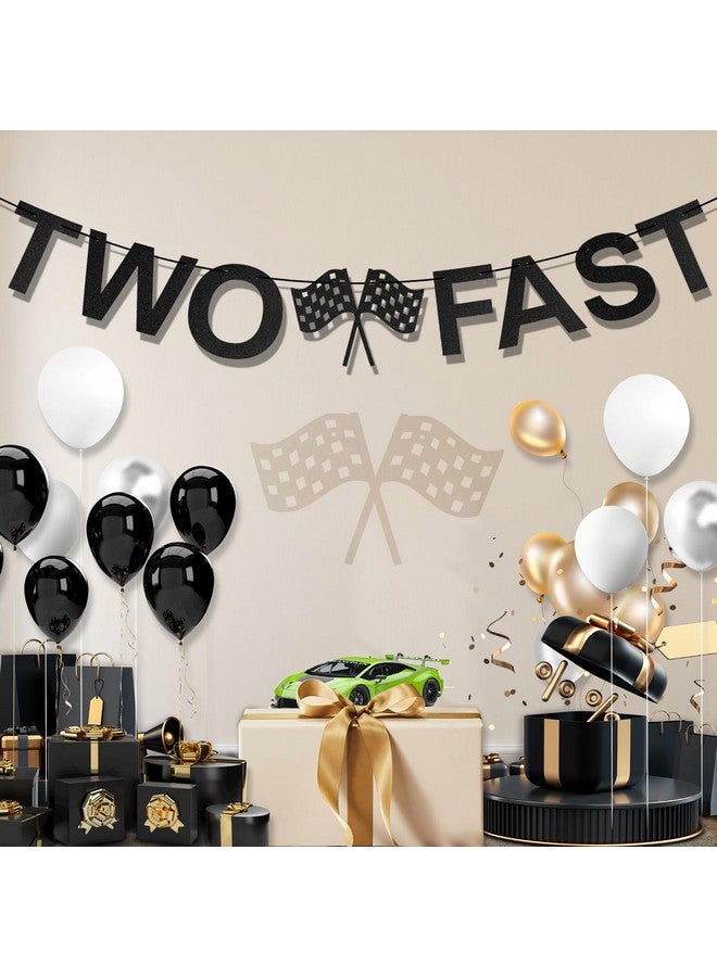 PEUTIER TWO FAST Happy Birthday Banner, Themed Party Supplies Decorations Checkered Flags Black and White Racing Banner Let't Go Racing Checkered Flag Party Race Car Birthday Party Decorations  - Image 3