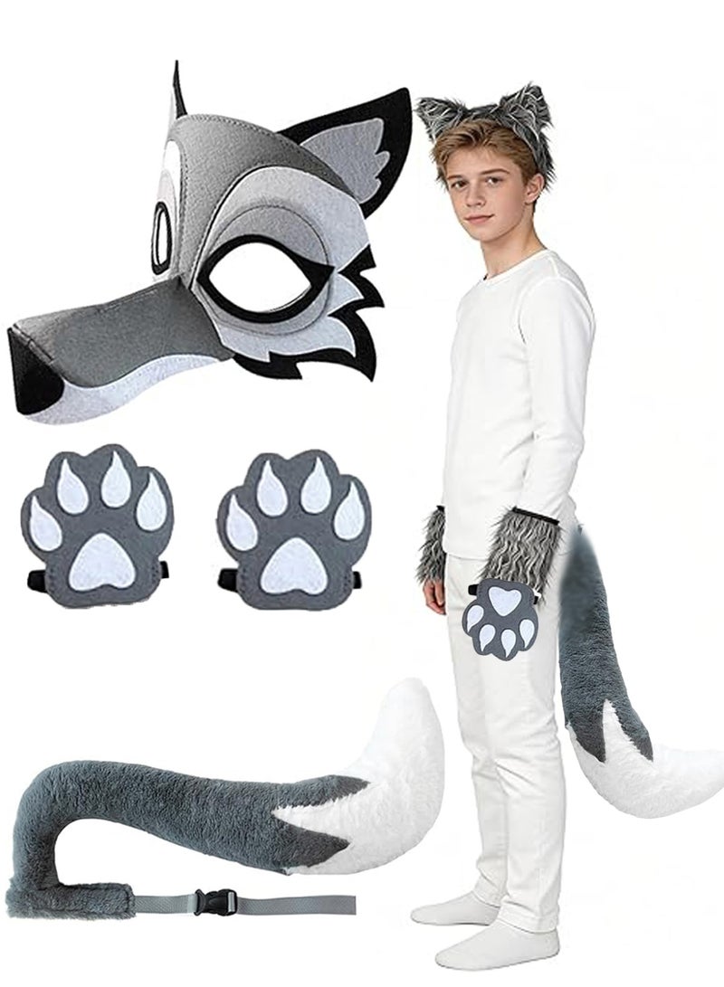 4-Piece Wolf Costume Set, Wolf Costume for Teenagers with Ears and Tail, Fluffy Werewolf Ears, Includes Headband, Gloves, Perfect for Carnival Dress Up and Pretend Play - Image 1