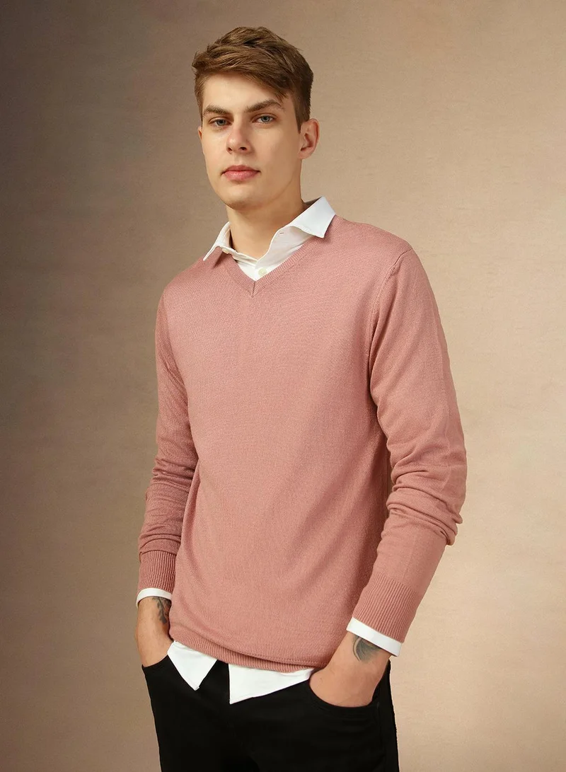 Dennis Lingo Men's Dusty Pink 100% Acrylic Solid Slim Sweater