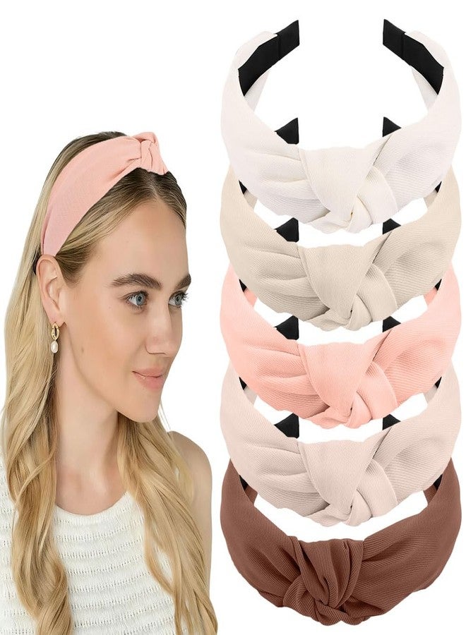 AHONEY 5 Pack Neutral Knotted Headbands for Women Trendy Fashion Thick Headbands Top Knot Non Slip Cute Hair Accessories Multi-style Headband Pack Diademas Para Mujer (Brown) - Image 1
