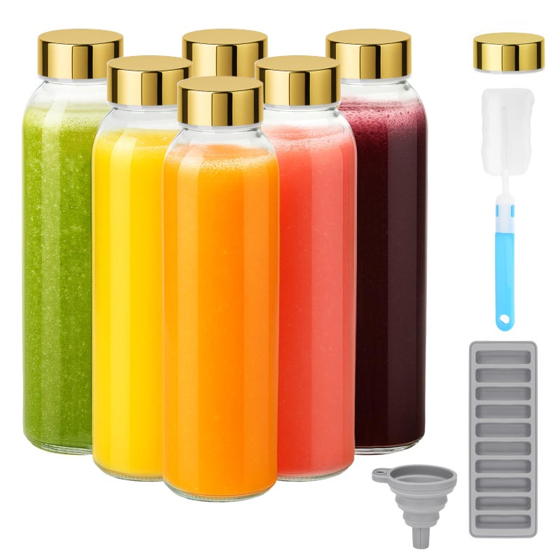 Zukro Glass Water Bottles with Lids 18 oz, Reusable Juice Bottles for Juicing, Leak Proof Juice Storage Containers for Fridge, Clear Drinking Jars With Stainless Steel Caps, BPA Free, Set of 6 Gold - Image 1