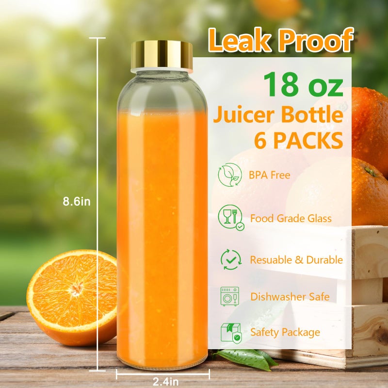 Zukro Glass Water Bottles with Lids 18 oz, Reusable Juice Bottles for Juicing, Leak Proof Juice Storage Containers for Fridge, Clear Drinking Jars With Stainless Steel Caps, BPA Free, Set of 6 Gold - Image 2