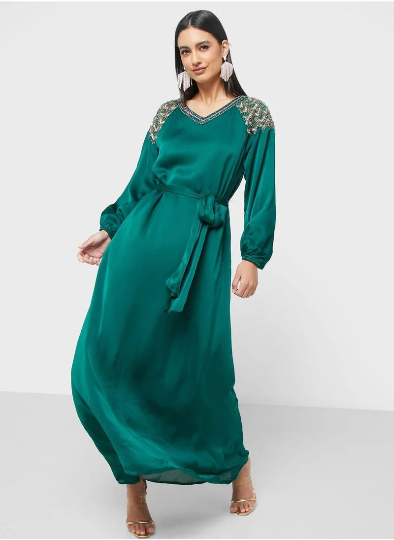 KASHKHA V-Neck Balloon Sleeves Jalabiya