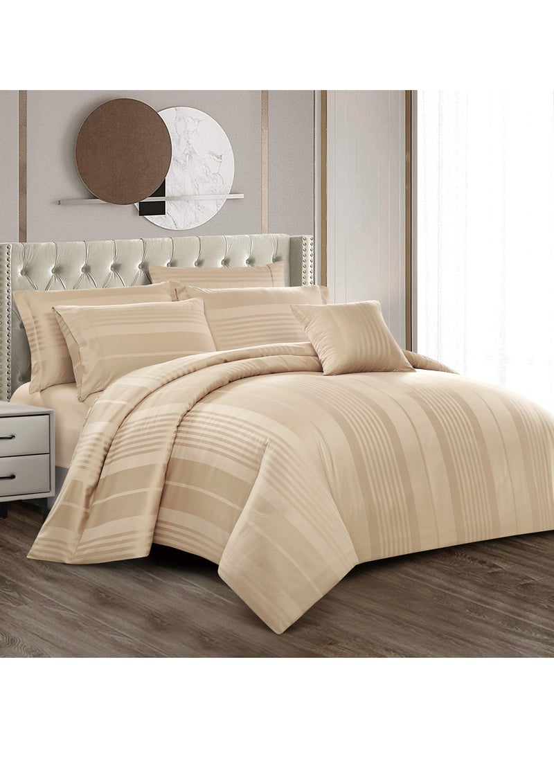 Donetella Comforter Set 8-Pieces Double Size Hotel Style All Season Cotton Blend Stripe Pattern Bedding Set With Removable Cover And Down Alternative Filling, Beige  - Image 1