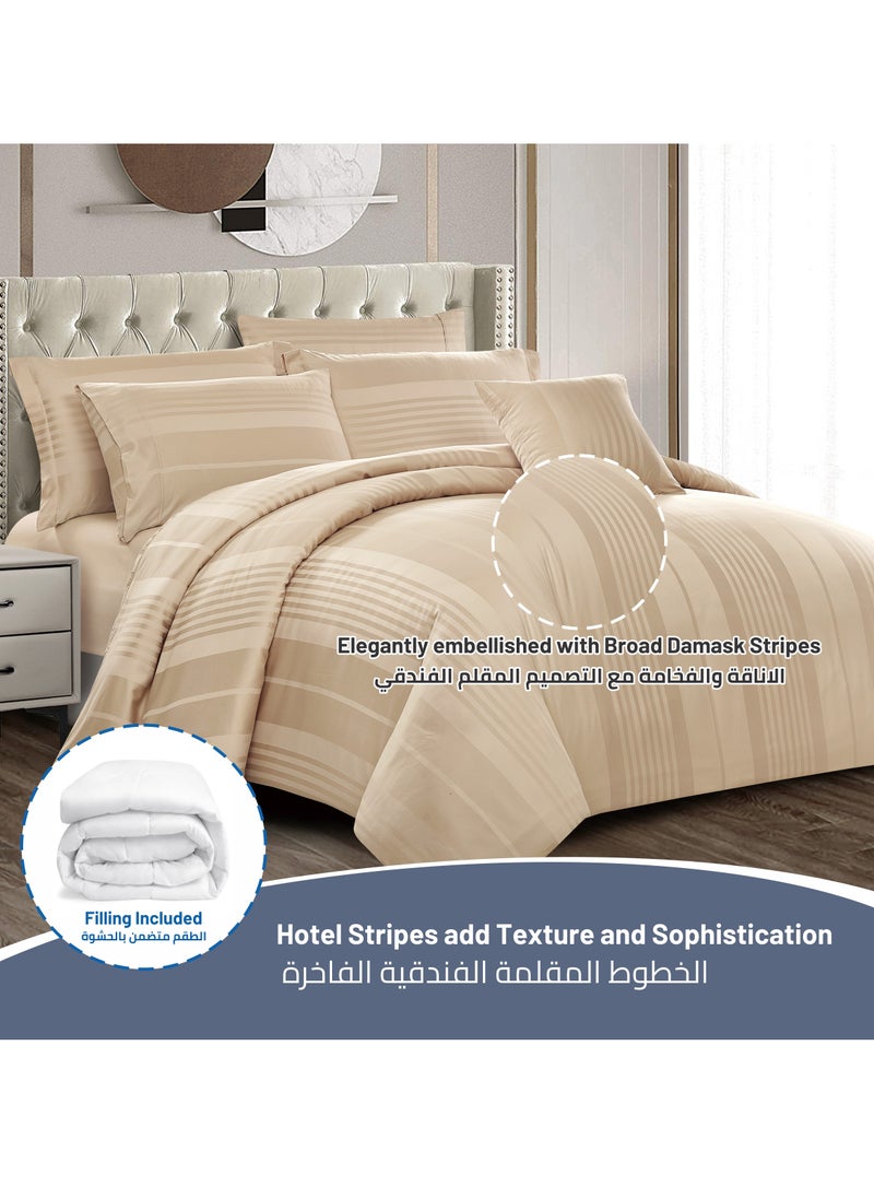 Donetella Comforter Set 8-Pieces Double Size Hotel Style All Season Cotton Blend Stripe Pattern Bedding Set With Removable Cover And Down Alternative Filling, Beige  - Image 2