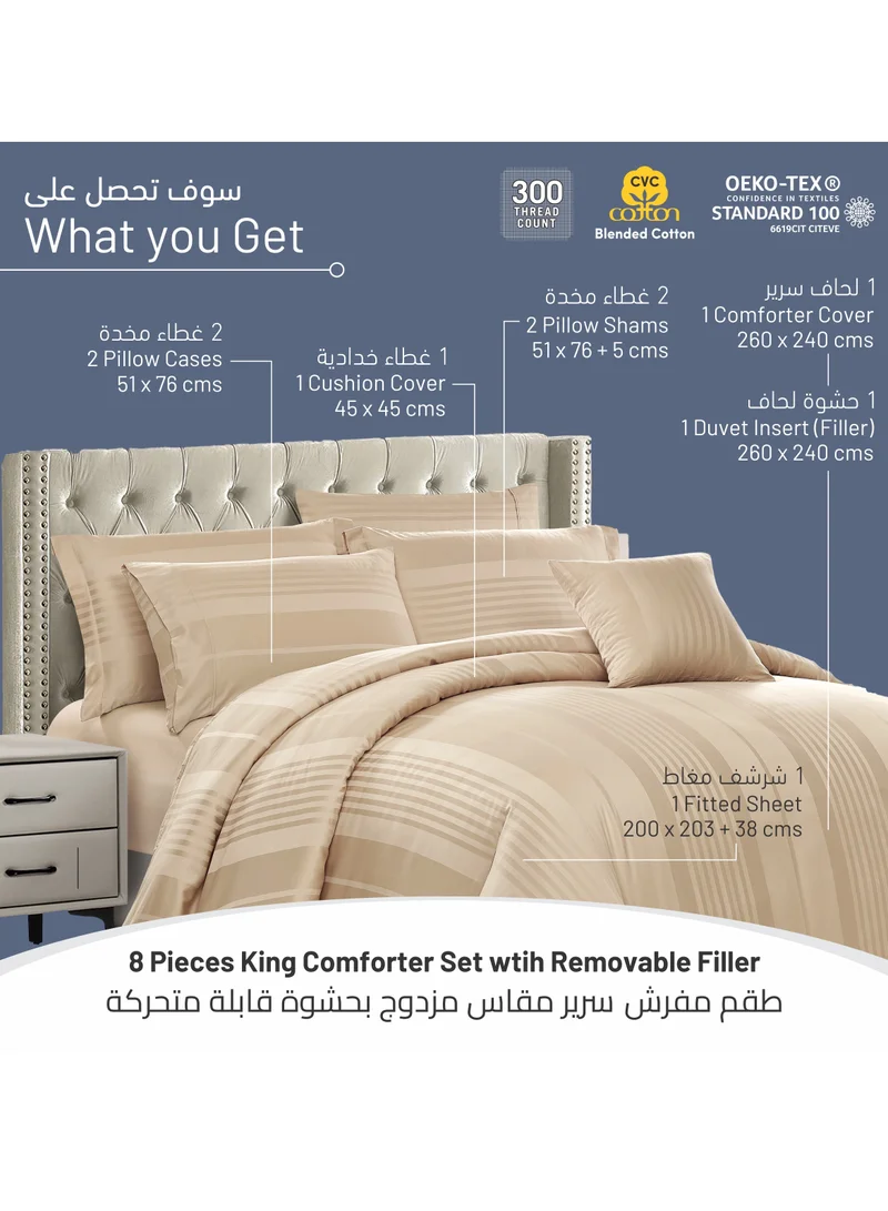 Donetella Comforter Set 8-Pieces Double Size Hotel Style All Season Cotton Blend Stripe Pattern Bedding Set With Removable Cover And Down Alternative Filling, Beige