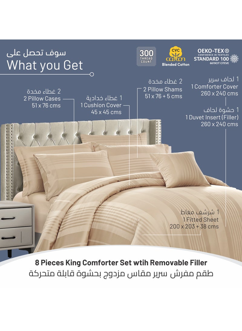 Donetella Comforter Set 8-Pieces Double Size Hotel Style All Season Cotton Blend Stripe Pattern Bedding Set With Removable Cover And Down Alternative Filling, Beige  - Image 3