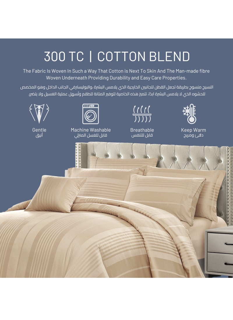 Comforter Set 8-Pieces Double Size Hotel Style All Season Cotton Blend Stripe Pattern Bedding Set With Removable Cover And Down Alternative Filling, Beige
