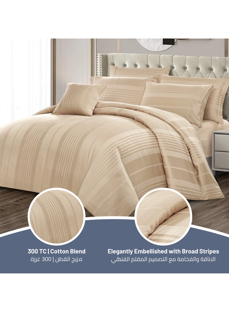 Comforter Set 8-Pieces Double Size Hotel Style All Season Cotton Blend Stripe Pattern Bedding Set With Removable Cover And Down Alternative Filling, Beige