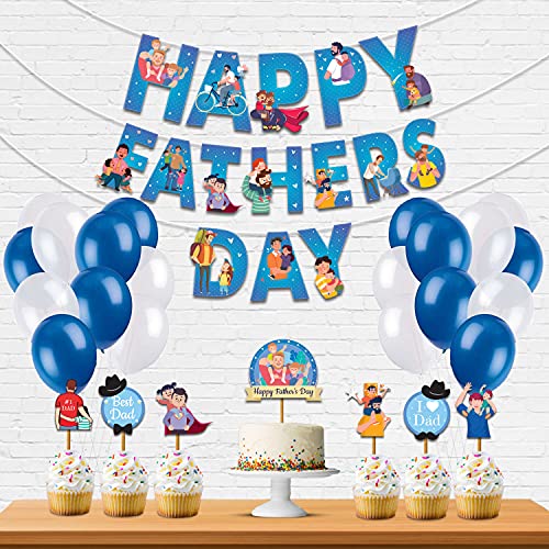 Festiko® Father's Day/Super Dad Birthday Party Decorations Items for Surprise (All in One Surprise Banner,Balloons,Balloons,Cake Toppers,Cup Cake Topper,Ribbons)- 28 Pcs - Image 1