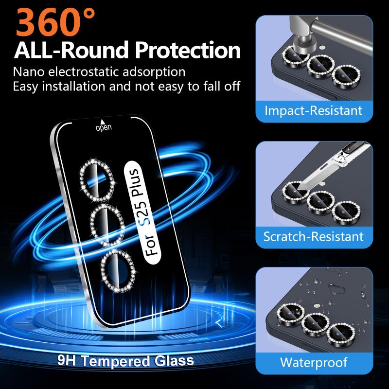 Avocase for Samsung Galaxy S25 Plus Camera Lens Protector, Individual Metal Ring Tempered Glass Lens Cover, [Strong Adsorption] Scratch Resistant Ultra-Thin HD Clear Lens Cover, 1 Set-Black Diamond - Image 2