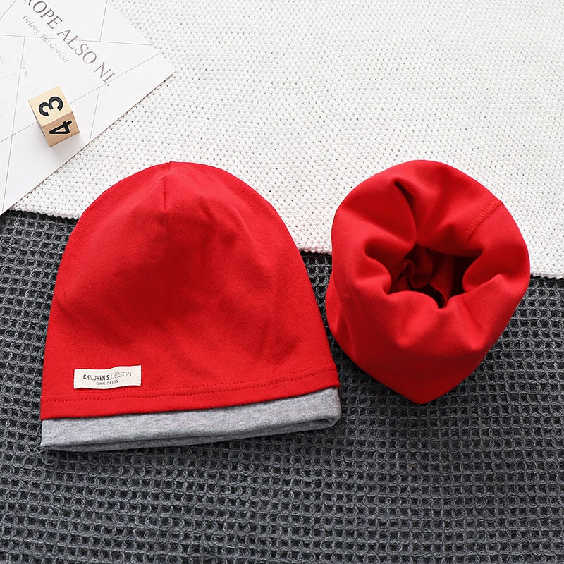 Cuhk Children'S Pure Cotton Pile Cap Scarf Two-Piece Suit Double-Layer Warm Contrast Color Pullover Cap Children'S Hat - Image 1