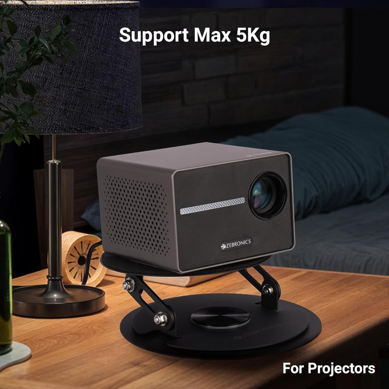 ZEBRONICS PSH05، حامل بروجيكتور دوار، دوار 360°، تصميم قابل للطي، عمود تخميد، ضبط زوايا متعددة، هيكل معدني، يدعم حتى 5 كجم، رغوة واقية، وسادات سيليكون مضادة للانزلاق - Image 2