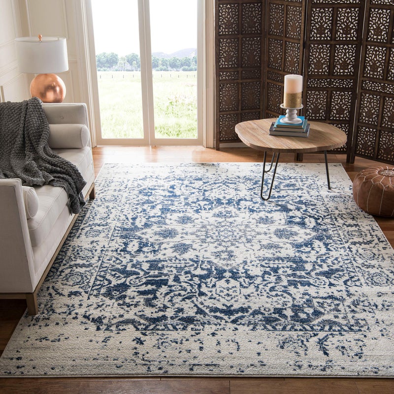 Safavieh SAFAVIEH Area Rug 8x10  Madison Collection  Large  Cream  Navy Snowflake Medallion Distressed Design NonShedding  Easy Cleaning Ideal for Living Room Bedroom Office Dining Space MAD603D 