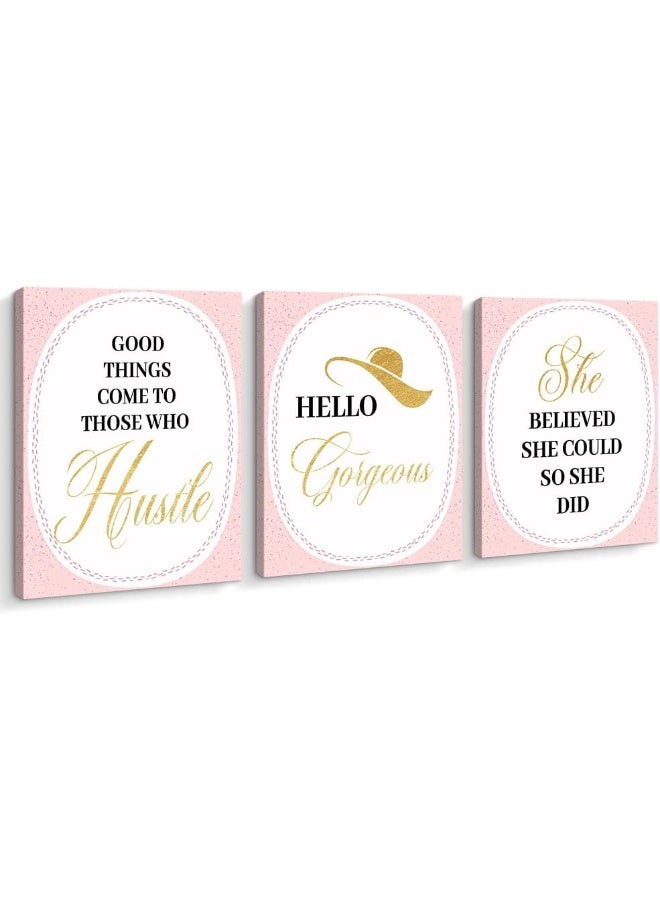 Pigort Inspirational Pink Canvas Wall Art Bedroom Decor for Women Teen Girls Fashion Makeup Home Wall Decoration for Living Room Bedroom Bathroom Office Wall Decor(11'' x 14'' x 3 Panel, Framed) - Image 1