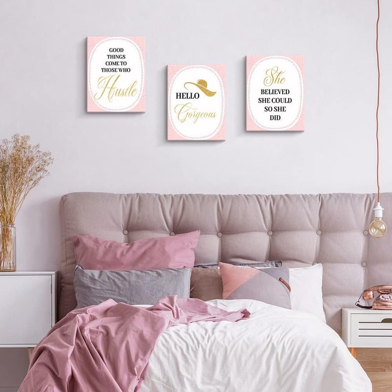 Pigort Inspirational Pink Canvas Wall Art Bedroom Decor for Women Teen Girls Fashion Makeup Home Wall Decoration for Living Room Bedroom Bathroom Office Wall Decor(11'' x 14'' x 3 Panel, Framed) - Image 5