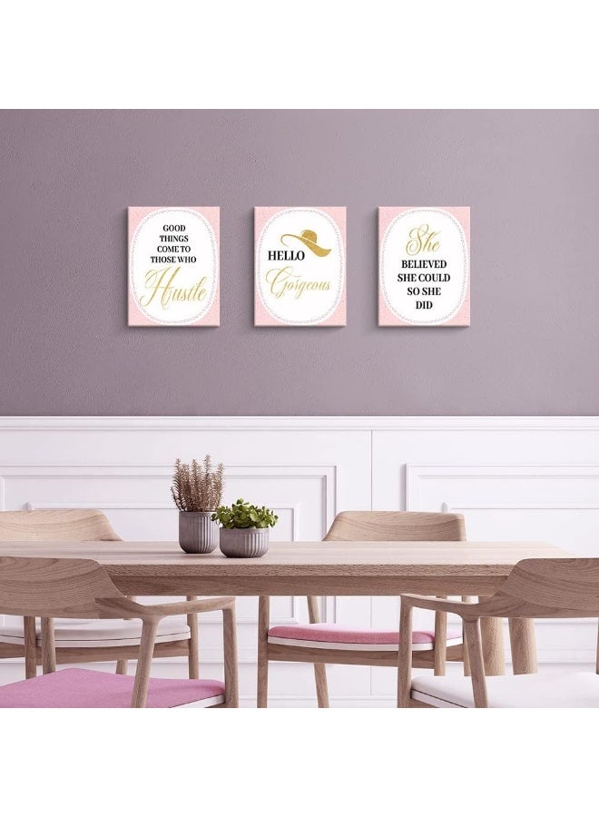 Pigort Inspirational Pink Canvas Wall Art Bedroom Decor for Women Teen Girls Fashion Makeup Home Wall Decoration for Living Room Bedroom Bathroom Office Wall Decor(11'' x 14'' x 3 Panel, Framed) - Image 4