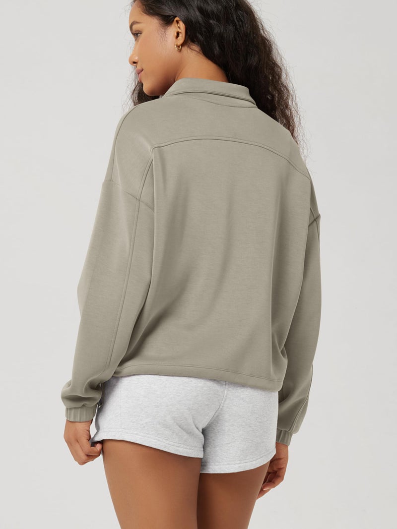 ODODOS Women's Modal Soft Cinchable Sweatshirts Half Zipper Funnel Neck Oversize Pullover with Pockets, Khaki, Large - Image 3