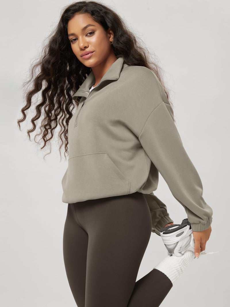 ODODOS Women's Modal Soft Cinchable Sweatshirts Half Zipper Funnel Neck Oversize Pullover with Pockets, Khaki, Large - Image 2
