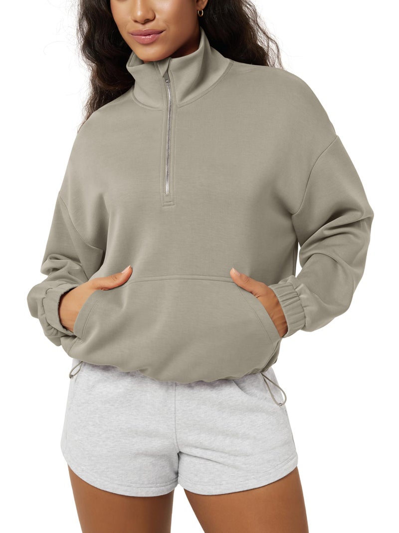 ODODOS Women's Modal Soft Cinchable Sweatshirts Half Zipper Funnel Neck Oversize Pullover with Pockets, Khaki, Large - Image 1