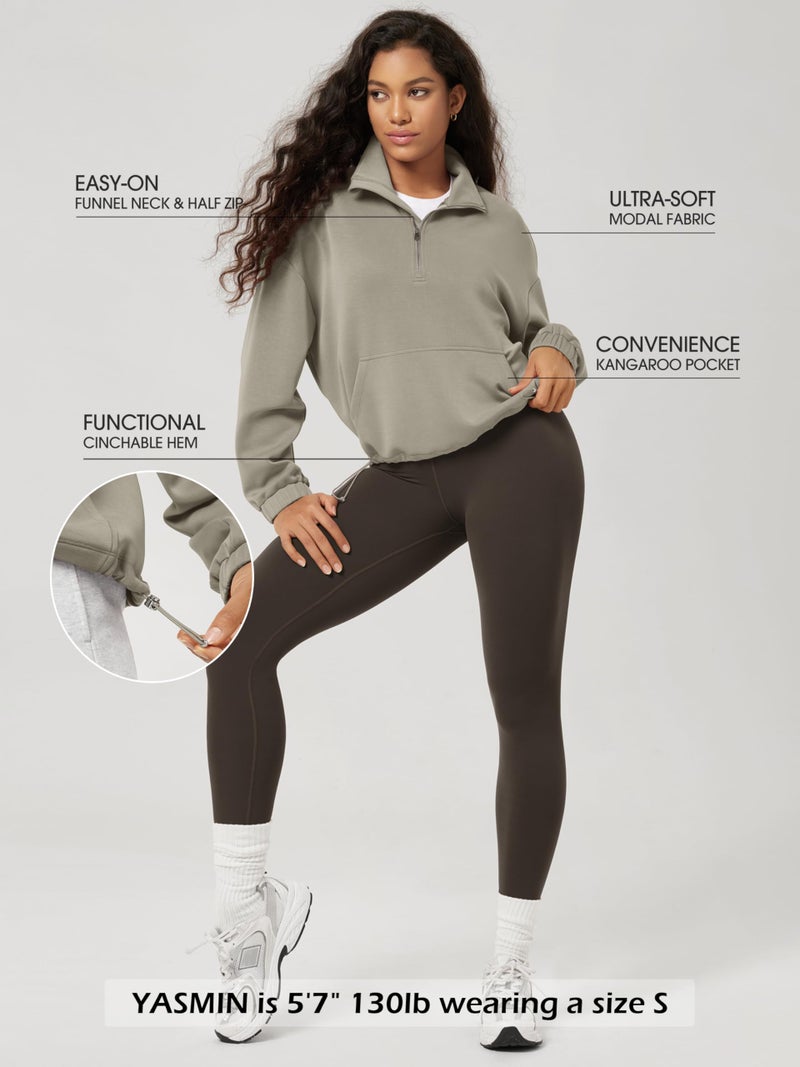 ODODOS Women's Modal Soft Cinchable Sweatshirts Half Zipper Funnel Neck Oversize Pullover with Pockets, Khaki, Large - Image 4