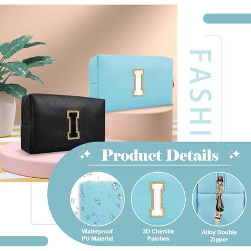 ChaoGreat Small Personalized Initial A-Z Preppy Patch Makeup Bag,PU Chenille Letter Travel Cosmetic Pouch with Zipper,Blue Cute Toiletry Bag,Gift Ideal for Teen Girls Women Teacher Bridesmaid,Letter U - Image 3