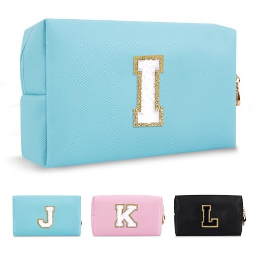 ChaoGreat Small Personalized Initial A-Z Preppy Patch Makeup Bag,PU Chenille Letter Travel Cosmetic Pouch with Zipper,Blue Cute Toiletry Bag,Gift Ideal for Teen Girls Women Teacher Bridesmaid,Letter U - Image 1