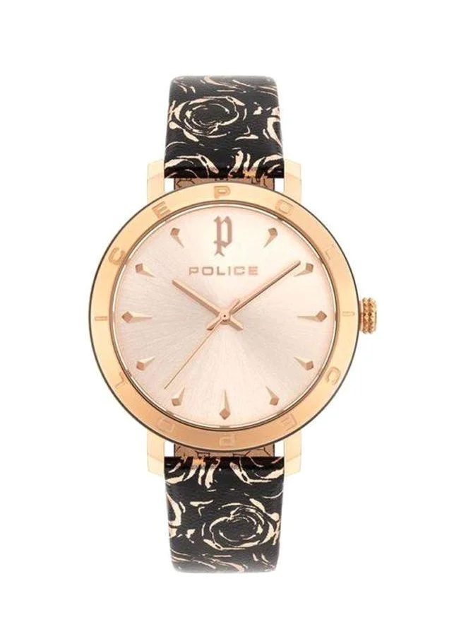 بوليس Police Ponta Analog Rose Gold Dial Black Leather Watch For Women