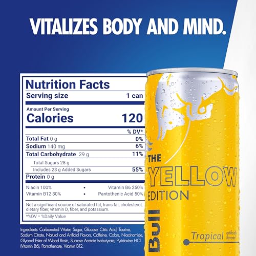 Red Bull Yellow Edition Energy Drink, Tropical, with 80mg Caffeine plus Taurine & B Vitamins, 8.4 Fl Oz, Pack of 24 Cans - Image 3