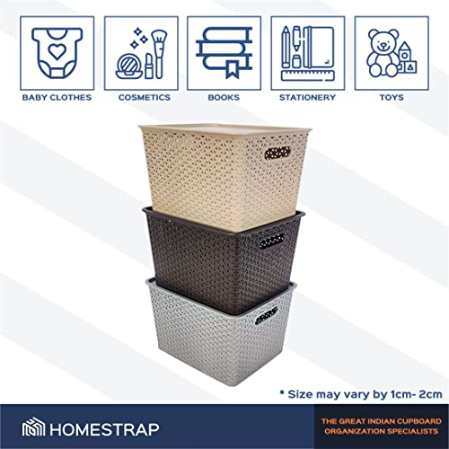 HomeStrap Rectangular Set Of 3 Large Plastic Storage Organizers/Baskets With Lid For Kitchen, Clothes, Multipurpose Vegetables, Toys, Books, Office, Stationery, Wardrobe(Biscuit, Grey, Brown) - Image 4