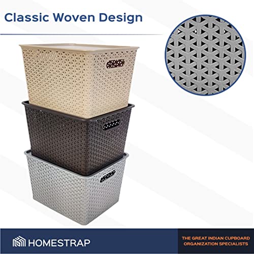 HomeStrap Rectangular Set Of 3 Large Plastic Storage Organizers/Baskets With Lid For Kitchen, Clothes, Multipurpose Vegetables, Toys, Books, Office, Stationery, Wardrobe(Biscuit, Grey, Brown) - Image 5